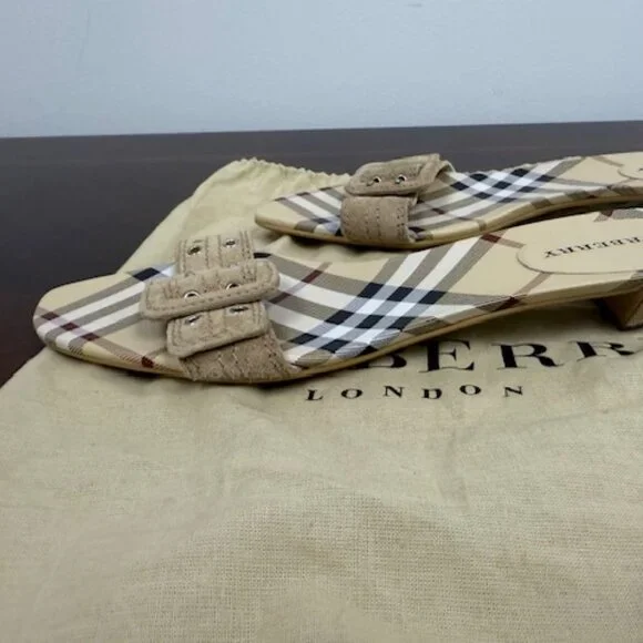 Burberry Beige Plaid Suede Buckle Slide Sandals - Picture 2 of 4
